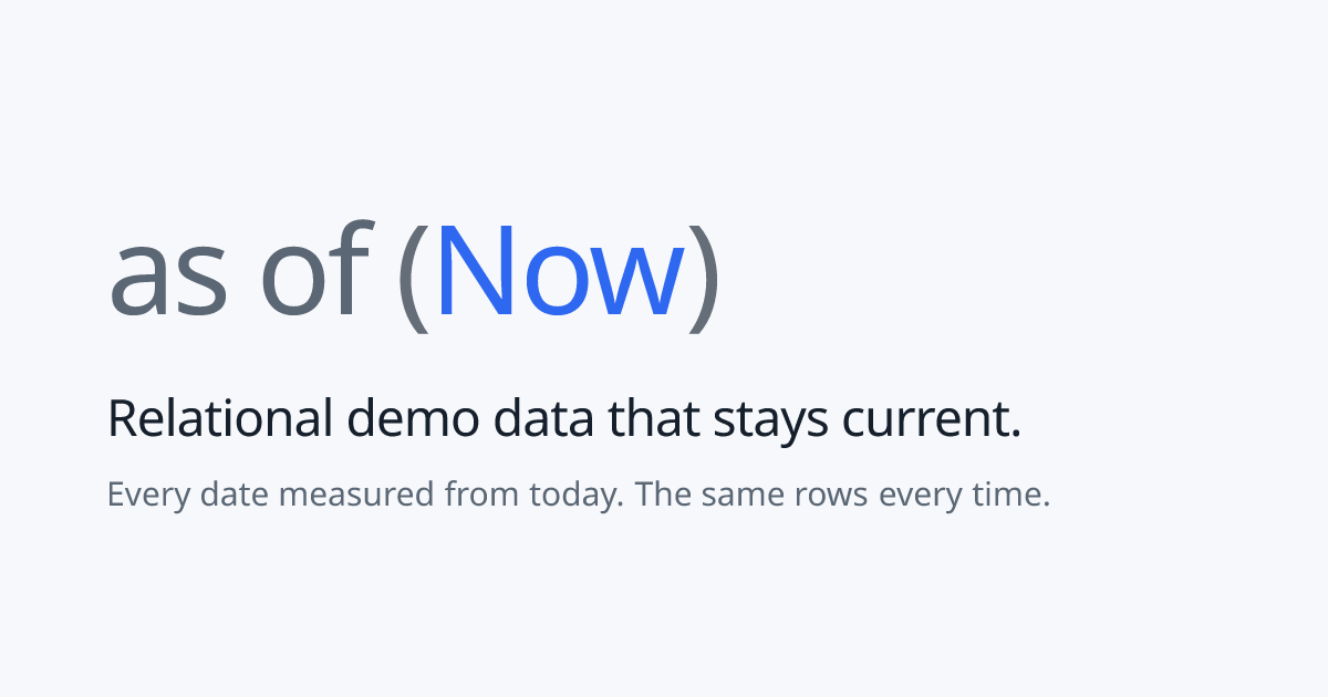 As of Now - Generate current, realistic, and relational demo data that never goes stale.